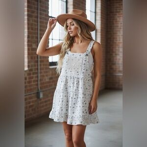 NWT Very J Floral Print Boho Crochet Patchwork Overall Mini Dress